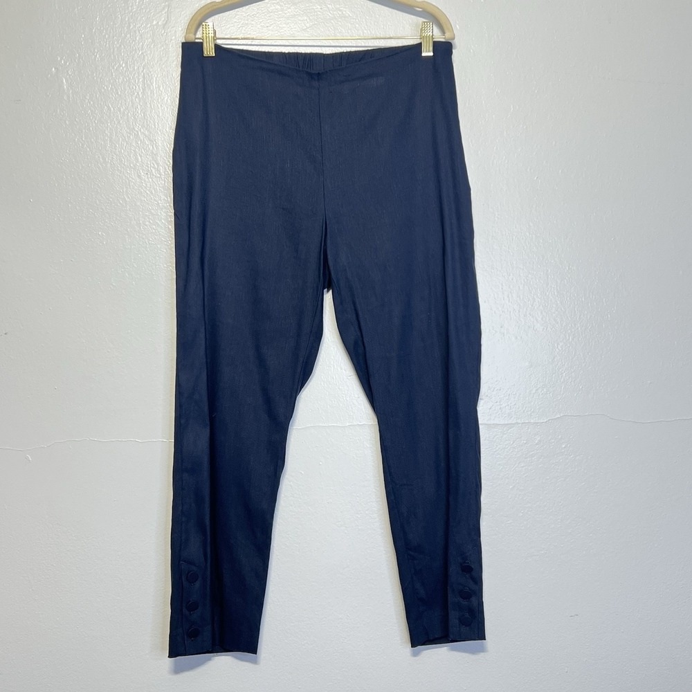 J Jill Womens Linen Stretch Cropped Pants Sz‎ M Navy Blue Side Zip Comfort Beach
